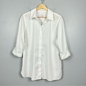 Chico’s no iron white cotton spandex roll tab sleeve button front shirt, M.